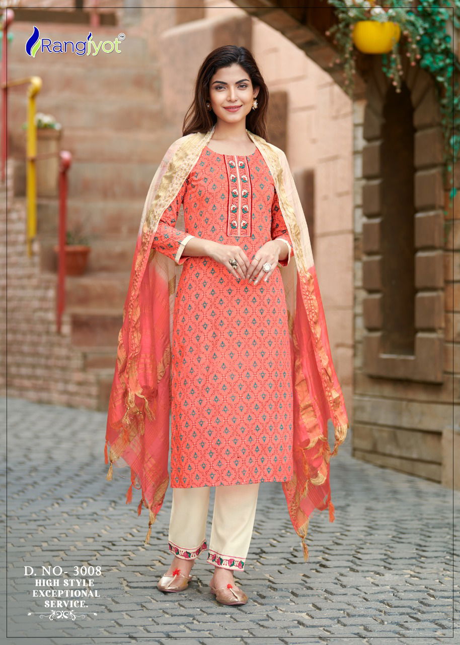 Rangjyot Rang Maya 3 Fancy Festive Wear Rayon Kurti Pant and Dupatta Readymade Collection